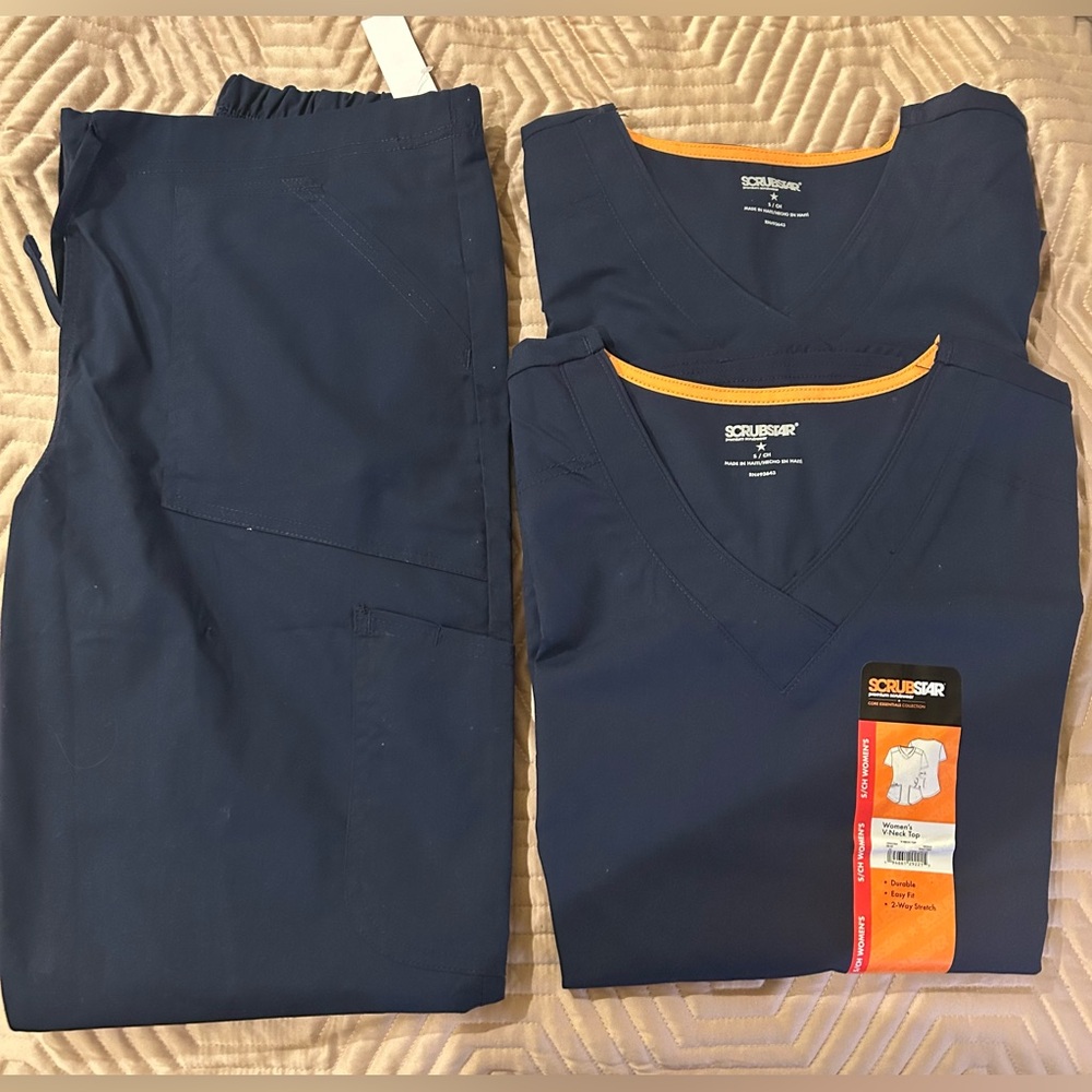 3pc set Scrubstar 2 scrub shirts+ 1 scrub pants Indigo Small New with tags